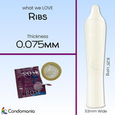Infographic highlighting the Caution Wear 'Wild Rose' Ribbed Condoms with details to LOVE: ribs for enhanced pleasure, a thickness of 0.075mm, and dimensions of "53mm Wide" and "8.25" Long." Featuring an image of the condom and its Caution Wear-branded packaging next to the Condomania logo.